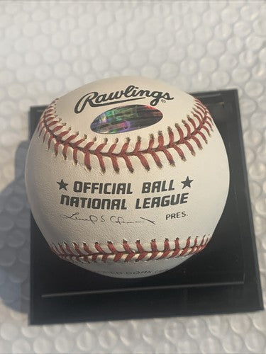 ERNIE BANKS SIGNED NL BASEBALL INSCRIBED LET'S PLAY TWO Auto Cubs HOF Steiner