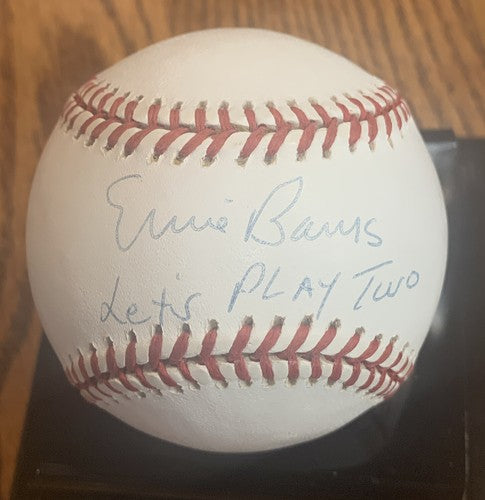 ERNIE BANKS SIGNED NL BASEBALL INSCRIBED LET'S PLAY TWO Auto Cubs HOF Steiner