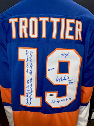 Bryan Trottier Signed Islanders 8 Stat Jersey HOF Stanley Cup Mvp Auto Steiner