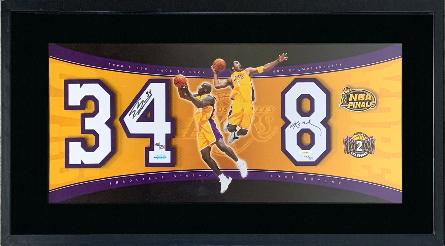 Kobe Bryant Shaquille O'Neal Signed Lakers Jersey # 8 & 34 Framed Auto UDA /201