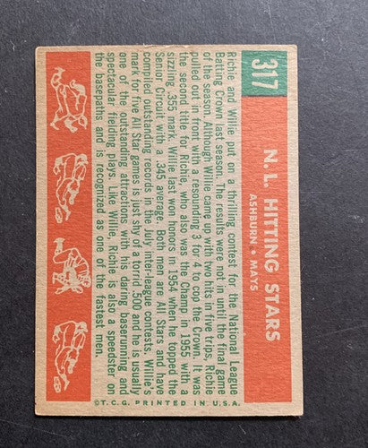 1959 Topps #317 NL Hitting Kings Willie Mays Richie Ashburn VG/ EX Hof