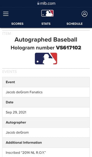 Jacob deGrom Mets Signed Official MLB Baseball 2014 Roy Autograph Fanatics Coa