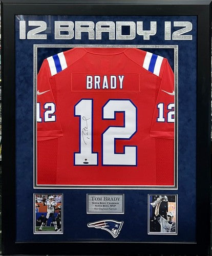 Tom Brady Signed Patriots Red Nike Throwback Jersey Framed SB MVP Auto Steiner
