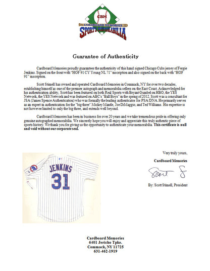 Fergie Jenkins Signed Cubs Authentic Stat Jersey HOF 91 CY Young NL 71 Auto COA