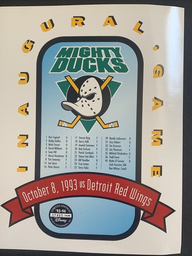 10/8/1993 Mighty Ducks Inaugural Hockey Game team Roster Limited /20,000 Disney