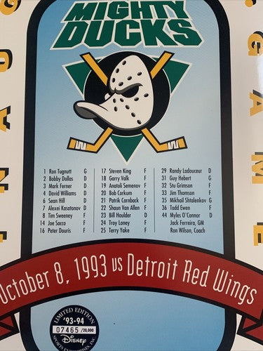 10/8/1993 Mighty Ducks Inaugural Hockey Game team Roster Limited /20,000 Disney