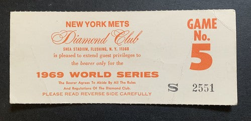 1969 New York Mets World Series Diamond Club Ticket game 5 Pass Mets Win Ws Rare