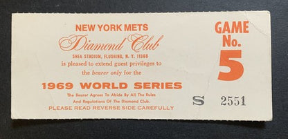 1969 New York Mets World Series Diamond Club Ticket game 5 Pass Mets Win Ws Rare