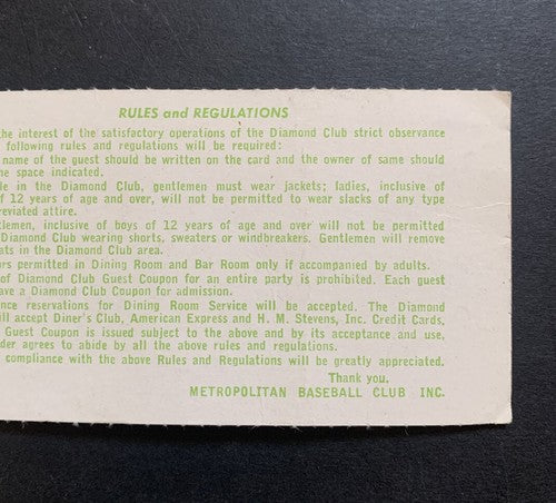 1969 New York Mets World Series Diamond Club Ticket game 5 Pass Mets Win Ws Rare