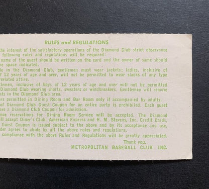 1969 New York Mets World Series Diamond Club Ticket game 5 Pass Mets Win Ws Rare