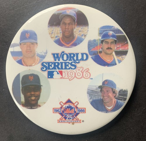 1986 WORLD SERIES Ny Mets Pinback BUTTON 4” Gary Carter Strawberry Hernandez