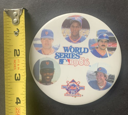 1986 WORLD SERIES Ny Mets Pinback BUTTON 4” Gary Carter Strawberry Hernandez