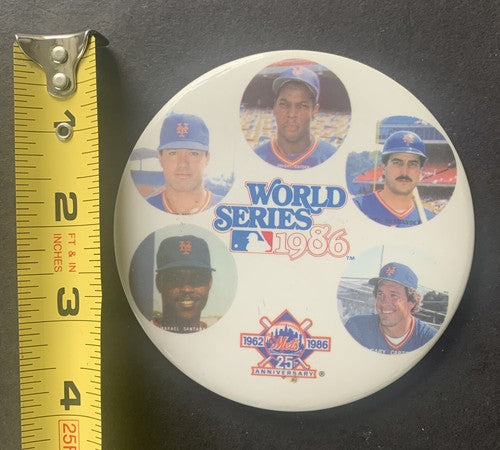 1986 WORLD SERIES Ny Mets Pinback BUTTON 4” Gary Carter Strawberry Hernandez