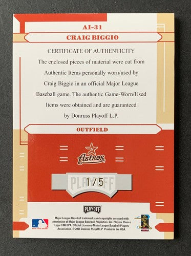 2004 Playoff Absolute CRAIG BIGGIO Patch Jersey Bat Mint Auto 1/5  Hof Astros