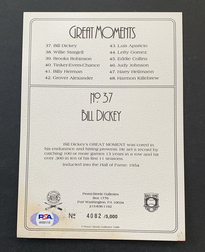 Bill Dickey Signed PEREZ STEELE GREAT MOMENTS 6x8 Psa 10 Gem Mint AUTO Yankees