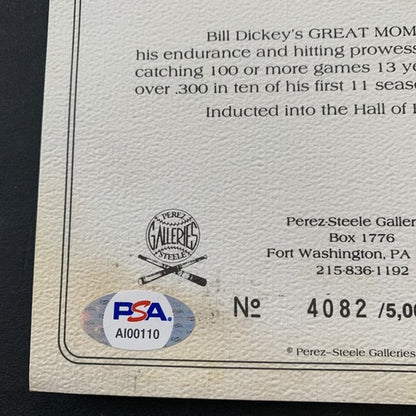 Bill Dickey Signed PEREZ STEELE GREAT MOMENTS 6x8 Psa 10 Gem Mint AUTO Yankees