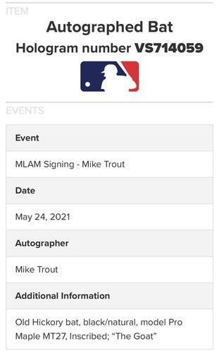 Mike Trout Angels Signed Game Model Old Hickory Bat The Goat Auto Mlb Holo COA