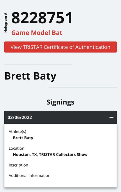 Brett Baty New York Mets Signed Pro Game Model Marucci Bat Mint Auto TRISTAR COA