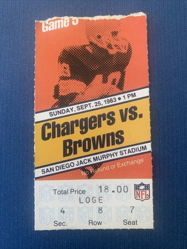 1983 San Diego Chargers Vs Cleveland Browns Football Ticket Stub 9/25