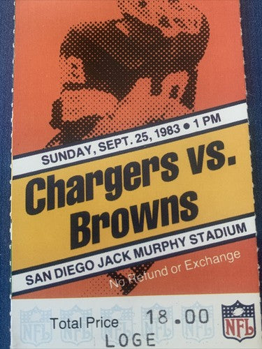 1983 San Diego Chargers Vs Cleveland Browns Football Ticket Stub 9/25