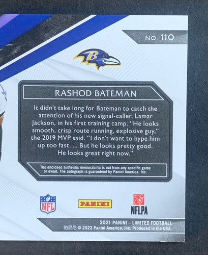 2021 Panini Limited Rashod Bateman Baltimore Ravens Rookie Patch Auto /29 Rpa Rc