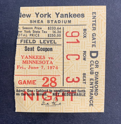 Yankees Vs TWINS Ticket Stub 6/7 1974 Bert Blyleven Win Rod Carew Murcer 2 Hits
