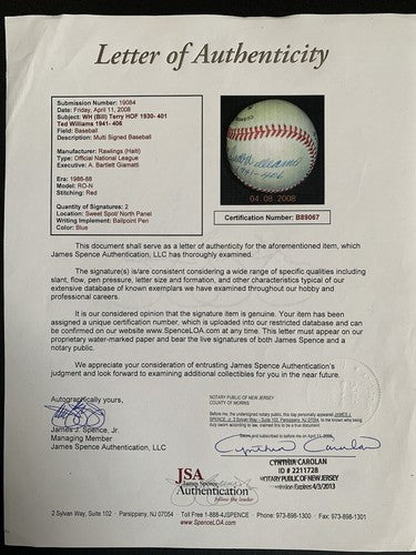 Ted Williams & Bill Terry Signed Baseball 1930 401 1941 406 Autograph Hof Jsa