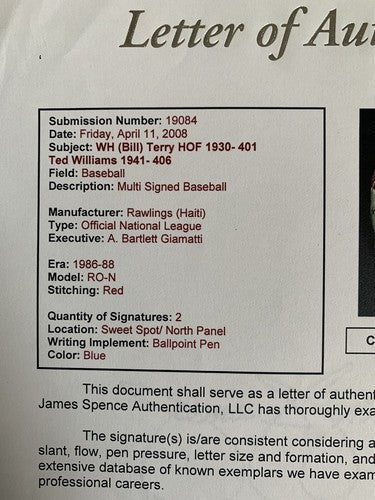 Ted Williams & Bill Terry Signed Baseball 1930 401 1941 406 Autograph Hof Jsa