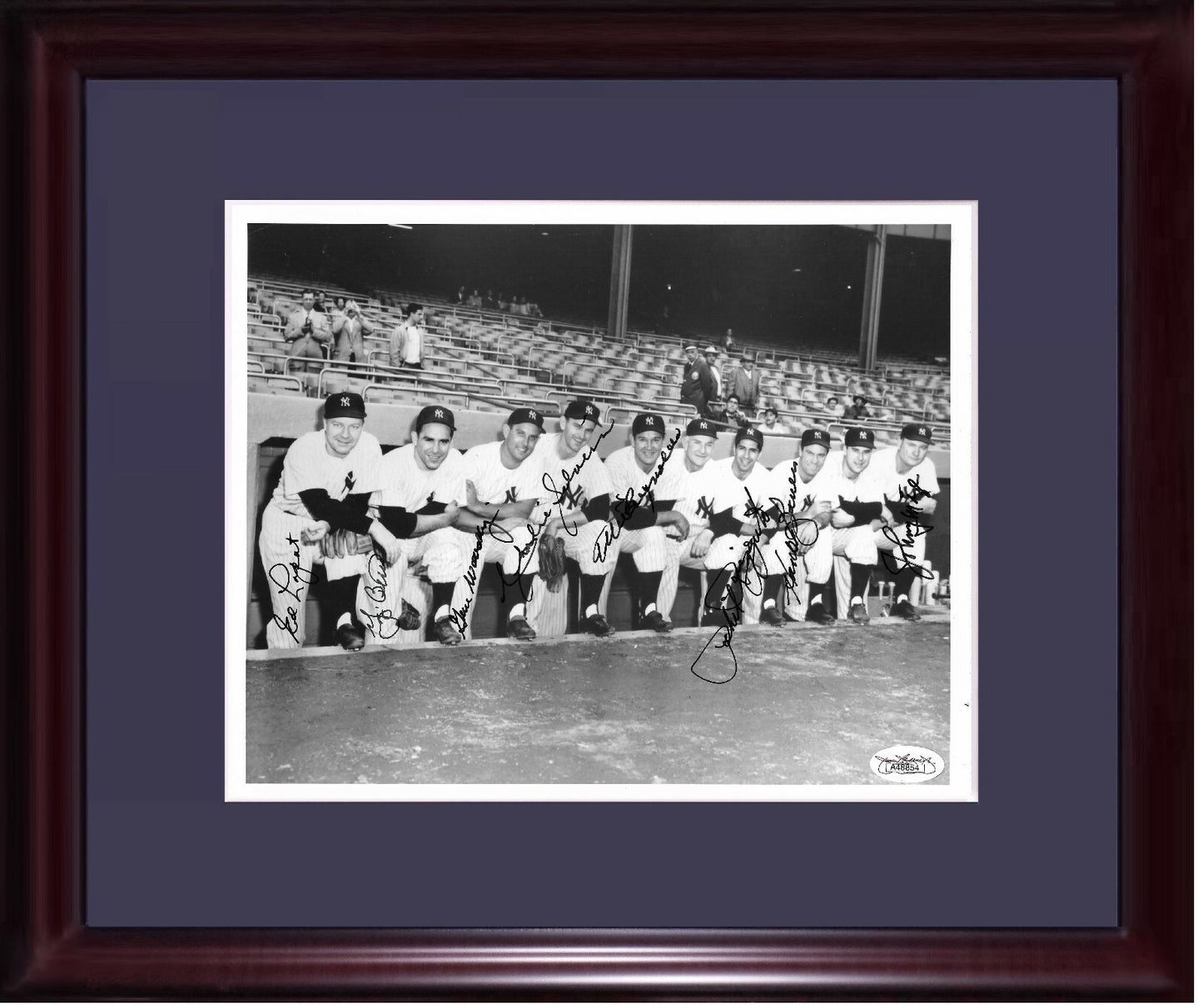 NY YANKEES Team signed 8x10 photo framed 8 auto Yogi Berra Phil Rizzuto Mize JSA