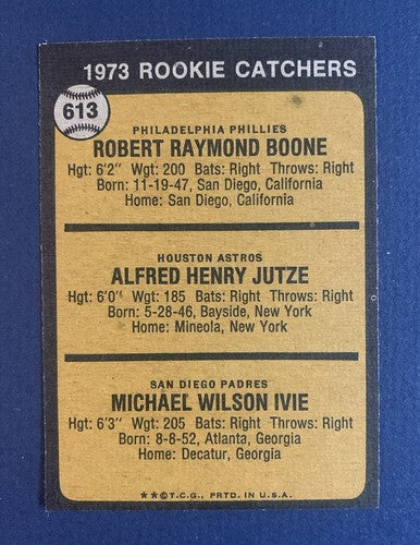1973 Topps SET BREAK #613 Bob Boone RC  NM - MINT CLEAN & Sharp Rookie Phillies