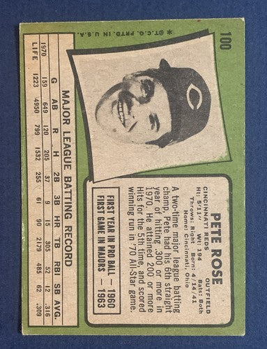 1971 Topps Baseball  #100 PETE ROSE EX REDS Card Is Crisp Great Color