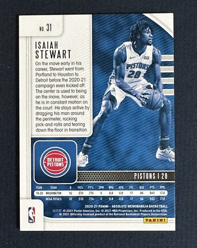 2020-21 Panini Absolute Rookie #31 Isaiah Stewart RC SP # 2/ 5 Pistons Mint