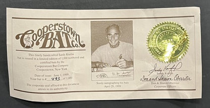 Sandy Koufax Dodgers Signed Cooperstown Bat Co. Famous Pitchers Bat Auto COA LE