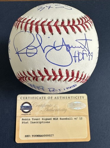ROBIN YOUNT SIGNED OFFICIAL Mlb BASEBALL 12 STAT Hof Mvp 3142 Auto Steiner Coa