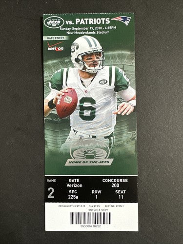 ROB GRONKOWSKI 2ND NFL GAME 2010 PATRIOTS JETS FULL TICKET Randy Moss Td & Brady