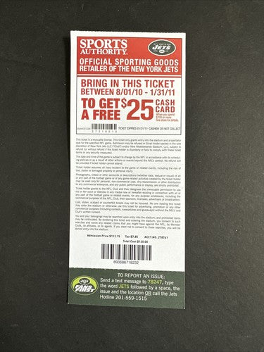 ROB GRONKOWSKI 2ND NFL GAME 2010 PATRIOTS JETS FULL TICKET Randy Moss Td & Brady