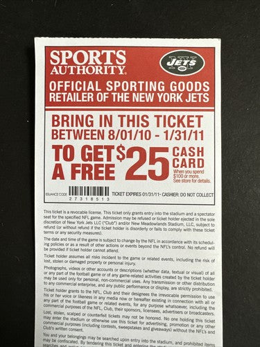 ROB GRONKOWSKI 2ND NFL GAME 2010 PATRIOTS JETS FULL TICKET Randy Moss Td & Brady