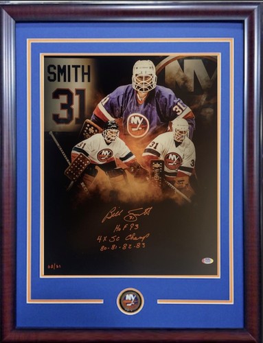 Billy Smith Signed 16x20 Framed Stat Photo 4x Stanley Cup Champ Hof 93 PSA /31