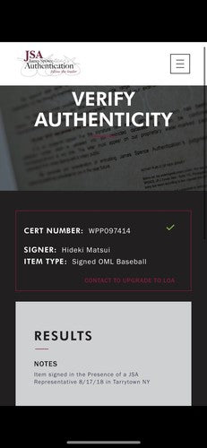 Hideki Matsui Signed Official Mlb Baseball 09 WS MVP Autograph Yankees Jsa Coa