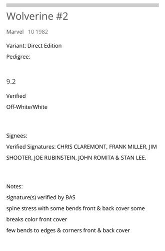 WOLVERINE LIMITED #2 Comic CGC 9.2 Signed Frank Miller Stan Lee John Romita Auto