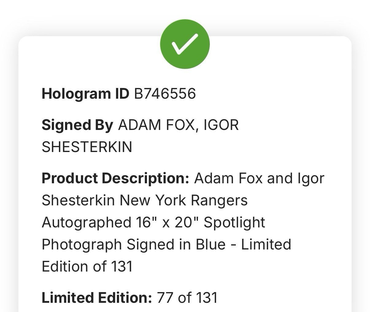 Igor Shesterkin & Adam Fox Rangers signed 16x20 Framed Photo Fanatics Auto /131