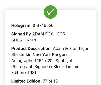 Igor Shesterkin & Adam Fox Rangers signed 16x20 Framed Photo Fanatics Auto /131