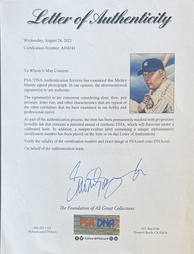 Mickey Mantle Signed 8x10 Framed Photo Drawing Yankees Autograph PSA LOA 1952