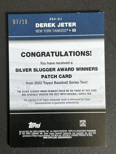 Derek Jeter 2022 Topps Signed Silver Slugger Patch Mint Auto 7/10 Yankees Hof