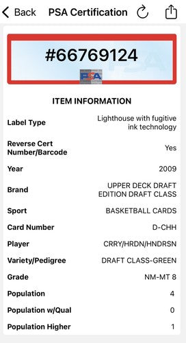 2009 Upper Deck Green Edition Draft Rookie Stephen Curry Harden Rc /50 Psa 8 MT