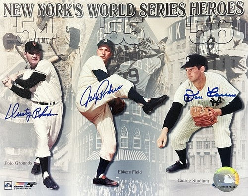 NY World Series Signed 8x10 Framed Photo 3 Mvp AUTO Don Larsen Johnny Podres Coa