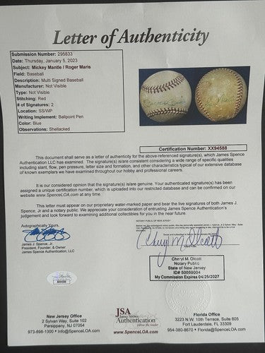 Mickey Mantle & Roger Maris Dual Signed Baseball 1961 Yankees Vintage auto Jsa