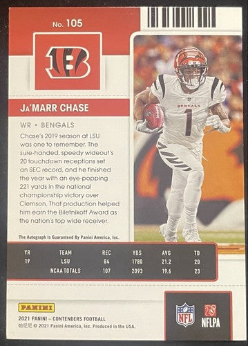 Ja’Marr Chase Signed 2021 Panini Contenders On Card Autograph /49 Rookie Bengals