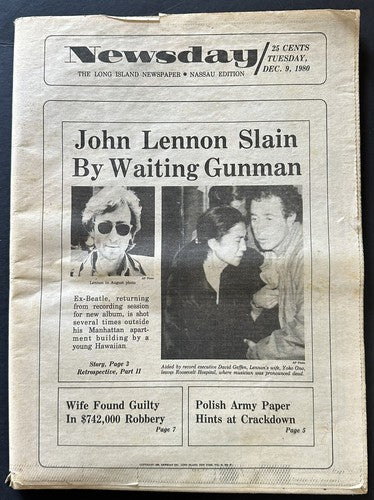 John Lennon Beatles Shot Newsday Newspaper  12/9/1980 Newsday Full Newspaper