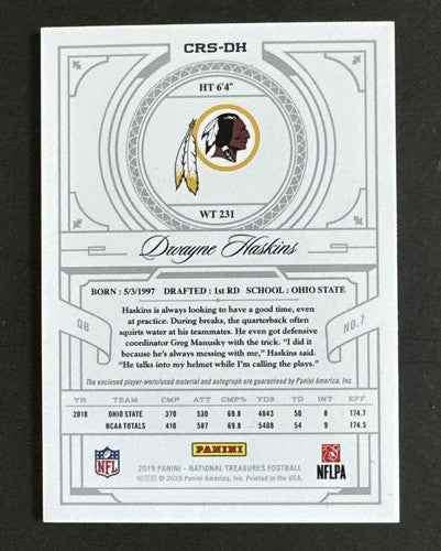 Dwayne Haskins 2019 National Treasures Patch RPA On Card Mint Auto /25 Redskins